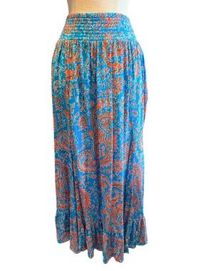 East 5th Boho Paisley Maxi Skirt Large Blue Orange Smocked Waist Festival Skirt